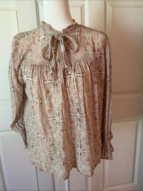 Lucky Brand Tops - Lucky Brand Taupe Paisley Tie-Neck Blouse
